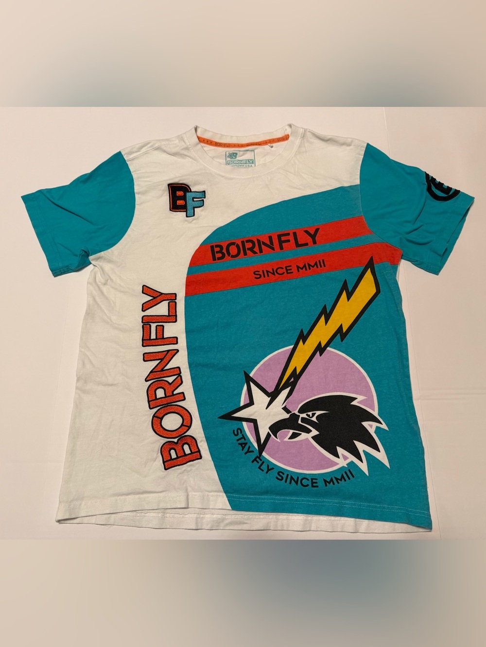 Bornfly Men’s Short Sleeve Graphic Tee in Teal & White